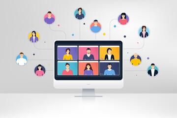 Remote team work from home. Virtual video conference screen. Online home learning. Characters of people work together. Remote conference or virtual meeting. Freelance human resources. Learning vector