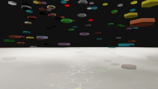 Colorful hexagons are falling to honeycomb like sieve with smoke (3D Rendering)