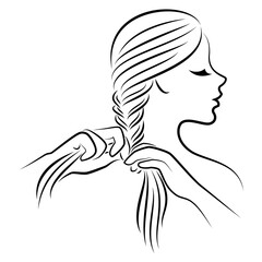 Silhouette profile of the head of a lovely lady. The girl braids her long hair with her hands. Vector illustration.