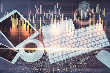 Double exposure of forex chart hologram over desktop with phone. Top view. Mobile trade platform concept.