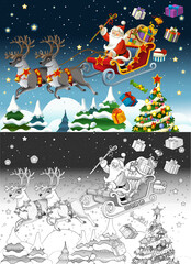 cartoon sketch scene with santa flying with reindeers deers