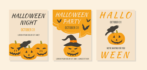 Poster of Halloween party with scary pumpkins and sitting rowen vector illustration. Placard or invitation of All saints day with crow and orange horror pumpkin faces. Autumn holiday advertising.