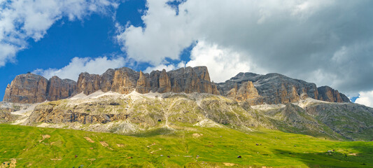 Mountain landscape along the road to Pordoi pass, Dolomites