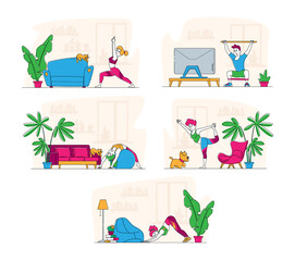 Set of Characters Stretching at Home, Yoga and Sport Activity, Sports Exercises, Fitness Workout with Equipment