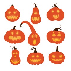 Set with Halloween pumpkins with carved faces. vector illustration for packaging design, gift tags, decoration