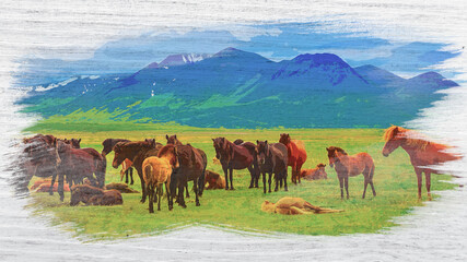 Herd of horses in the mountains in Iceland, watercolor painting