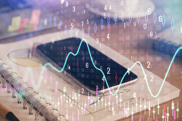 Double exposure of forex chart drawing and cell phone background. Concept of financial data analysis