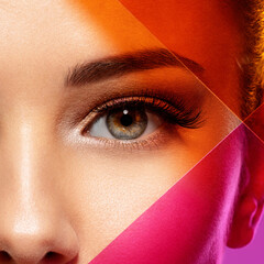 Beautiful white girl with bright eye-makeup. Beautiful fashion woman with  a colored  items.  ...