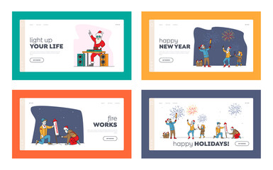 Christmas or New Year Holidays Fireworks and Santa Claus Show Landing Page Template Set. Happy Family Hold Sparklers