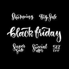 A set of beautiful hand drawn black friday sale ink lettering on dark background. Advertising poster template. Textured chalkboard inscription.