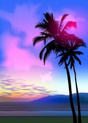 Summer tropical beach background with palms, sky sunrise and sunset. Summer party placard poster flyer invitation card. Summertime, vector illustration.