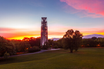 Dramatic skies just after a storm at sunset at the Carillon bell tower in Naperville, Illinois