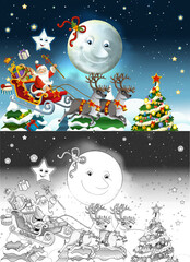 Obraz premium cartoon sketch scene with santa flying with reindeers deers