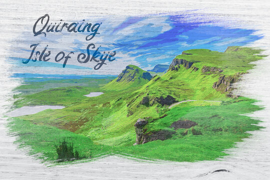 View from Quiraing to valley in Scotland, watercolor painting