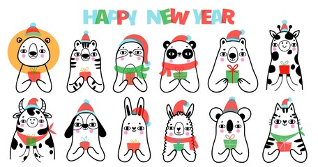 Set of cute simple hand drawn animals with gifts.Christmas and Happy New Year. Kid collection  for greeting card and poster. Tiger, sloth, dog, llama, cat, rabbit, koala, cow, panda, bear, lion, giraf