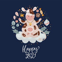 Christmas cute cartoon circle cow vector illustration with hand drawn lettering quote. Animal card perfect for kid apparel print and greeting poster. Happy New Year 2021. 