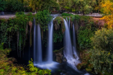 Fototapeta na wymiar Upper Duden waterfall park in Antalya city in Turkey. July 2020, long exposure picture.