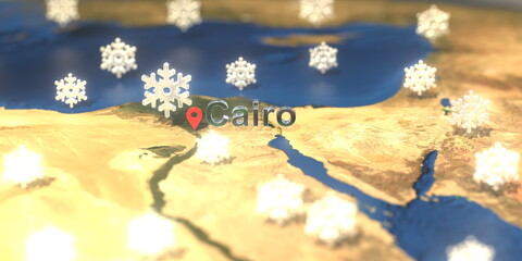 Snowy weather icons near Cairo city on the map, weather forecast related 3D rendering