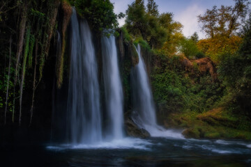 Upper Duden waterfall park in Antalya city in Turkey. July 2020, long exposure picture.