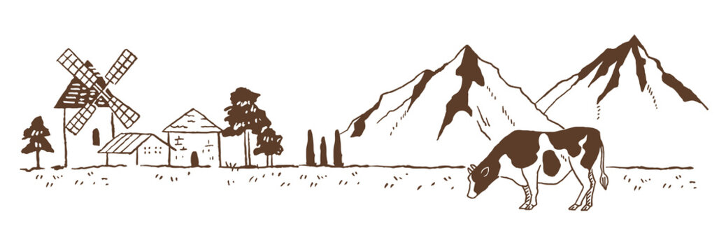 レトロでおしゃれな手描きイラスト素材：風車のある牧場風景スケッチ/田園風景/線画