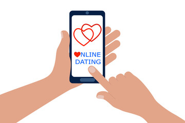 Online dating app for mobile phones. Hands holding smartphone and forefinger touching screen to enter. Vector illustration in flat style