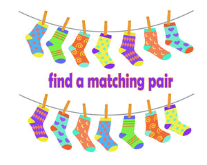 Find a pair of matching socks. Children education logic game. Vector illustration in flat cartoon style