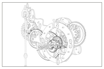 3D design of a wooden gears clock.