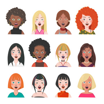 Set of Woman Avatars. Twelve Characters from Different Subcultures and Social Strata. Scared Beautiful Women. Diversity of Cultures. Vector Illustration.