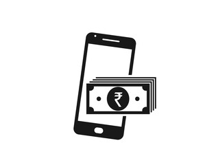 smartphone money icon. indian rupee banknote stack on mobile phone. financial symbols for web design