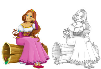 cartoon sketch scene with beautiful princess on white background