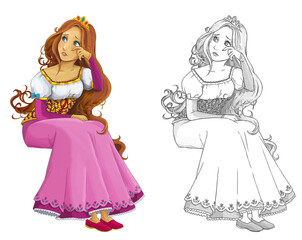 cartoon sketch scene with beautiful princess on white background