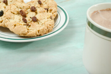Cookies with raisins and chocolate milk for breakfast