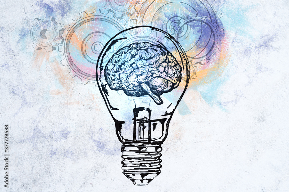 Poster creative light bulb with brain and cogs sketch