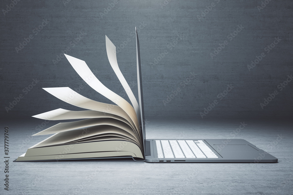 Poster Abstract open book laptop on subtle background with copy space.