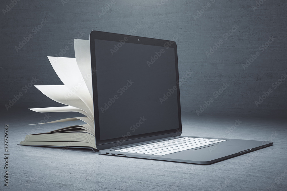 Poster abstract open book and laptop with blank screen.