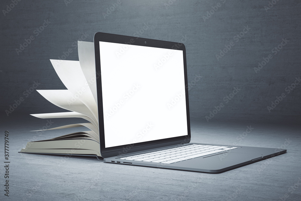 Poster creative open book laptop on subtle background with copy space.