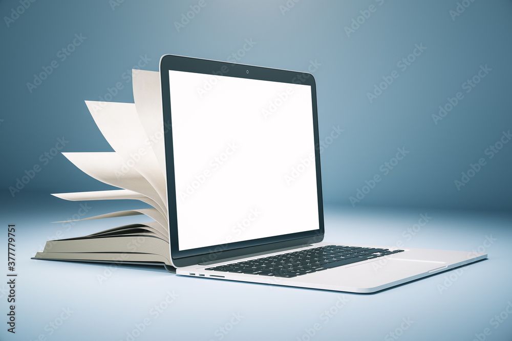 Fototapete Creative open book computer on subtle background with copy space.