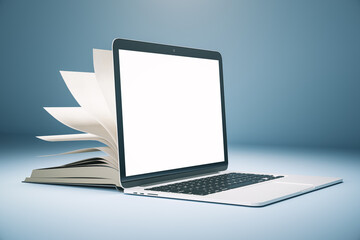 Creative open book computer on subtle background with copy space.