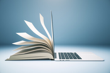 Abstract book and open laptop. - obrazy, fototapety, plakaty