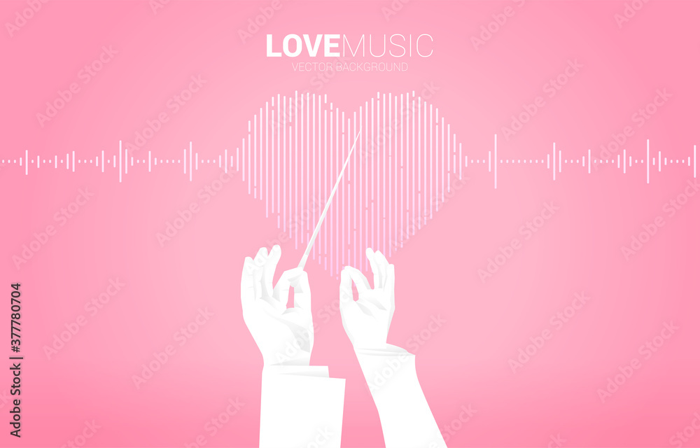 Poster vector silhouette of conductor hand with sound wave heart icon music equalizer background. love song