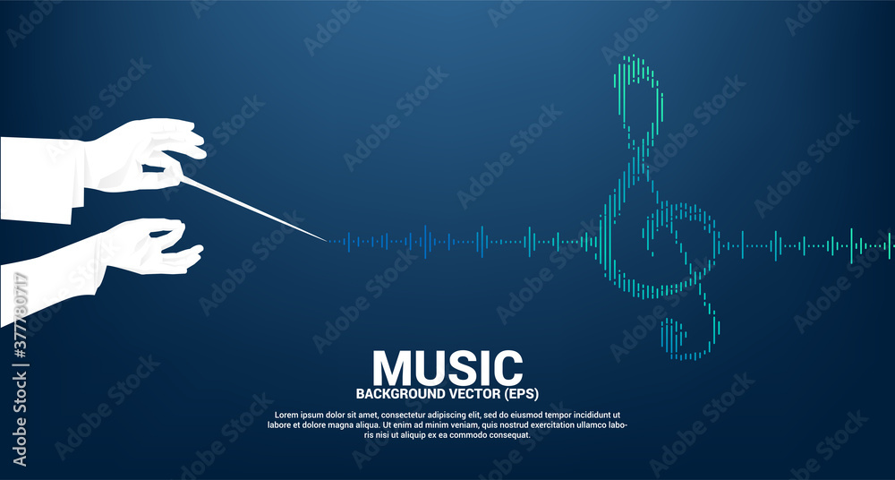 Poster vector silhouette of conductor hand with sol key note icon sound wave music equalizer background. ba