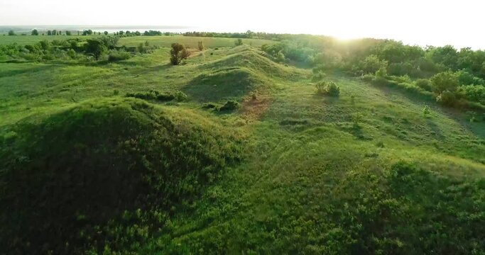 Scenic view of the burial mounds of Mamay Mountain. Aerial view.