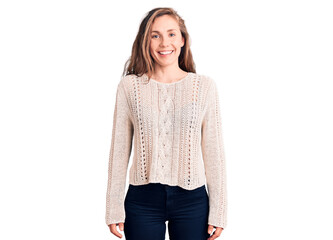 Young beautiful blonde woman wearing casual sweater with a happy and cool smile on face. lucky person.