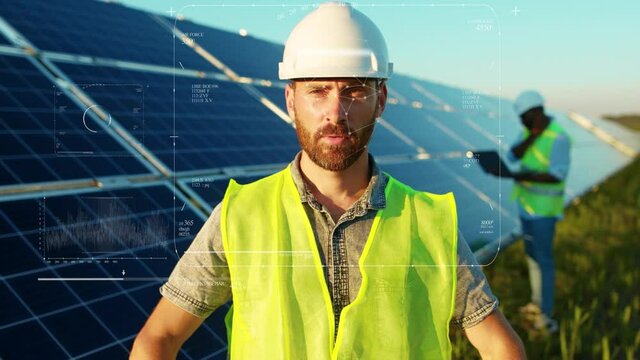 Face young man stand Animation 3d recognition scanning mask of the face eye look at camera near solar batteries construction renewable power worker at sunlight technology slow motion
