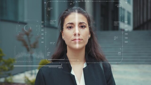 Serious beautiful woman Anamation scanning Of The Face eye of look at camera technology recognition human software identification information sci-fi digital biometric slow motion