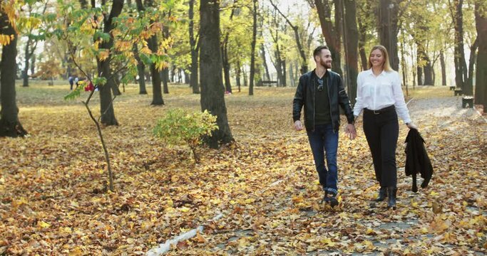 Happy couple in love walking, holding hand in hand and kissing in autumn park