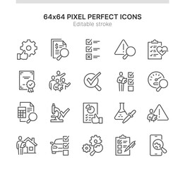 Simple Set of Icons Related to Checkup. Contains such icons as Financial Audit, Medical Exam, Laboratory Test and more. Lined Style. 64x64 Pixel Perfect. Editable Stroke.
