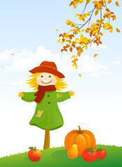 Vector illustration of an autumn vertical scene with a cute scarecrow