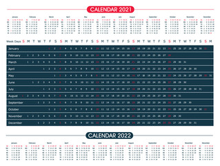 Calendar year 2021 horizontal vector design template. Office design