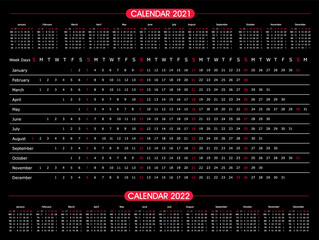 Calendar year 2021 horizontal vector design template. Black and Red